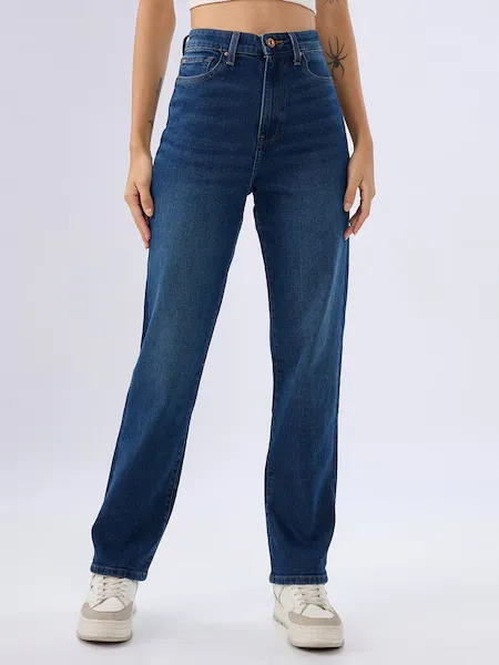 Navy Solid Mid Rise Straight Fit Jeans